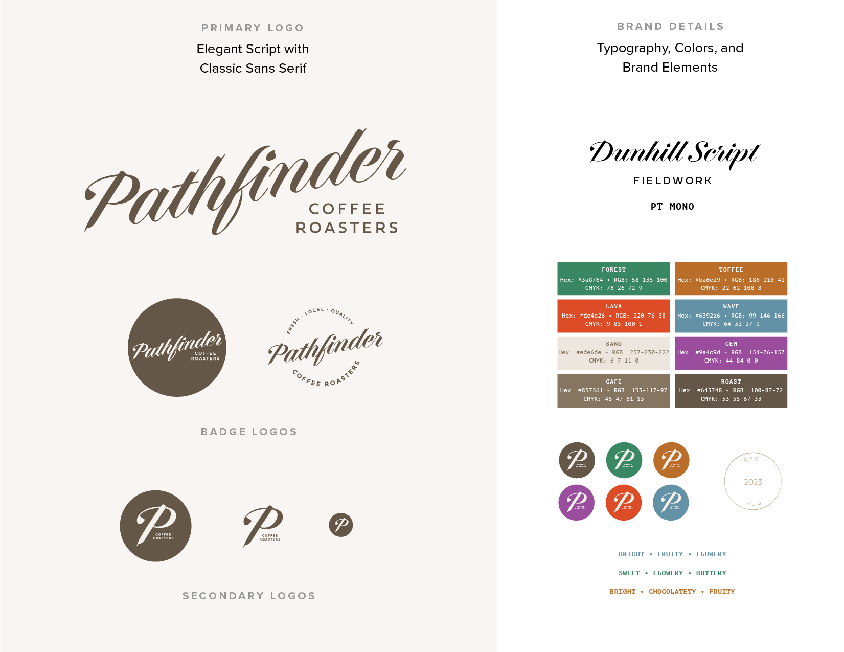 Pathfinder logo, branding, and coffee packaging